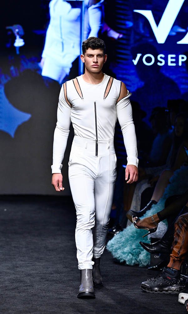 LOS ANGELES, CALIFORNIA - OCTOBER 16: Miles Nightingale walks the runway wearing Joseph Auren during Los Angeles Fashion Week Powered by Art Hearts Fashion 2022 at The Majestic Downtown on October 16, 2022 in Los Angeles, California. (Photo by Arun Nevader/Getty Images for Art Hearts Fashion)